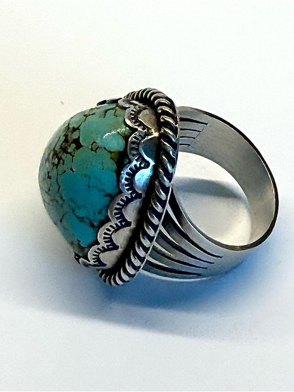 D. Benally Signed Sterling Silver Large Turquoise Statement Ring Size 8